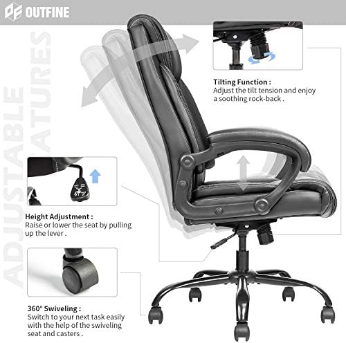 OUTFINE Office Chair Executive Office Chair Desk Chair Computer Chair with 5-Year hydrolysis-Resistant Leather Spring Cushion Ergonomic Support Tilting Function Upholstered in Bonded Leather Black
