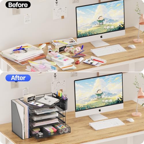 OPNICE Desk Organizer, 5-Tier Desktop File Organizer with Drawer and Pen Holders, Office Desk Accessories, File Sorters, Workspace Organizers for Office Supplies(Black)