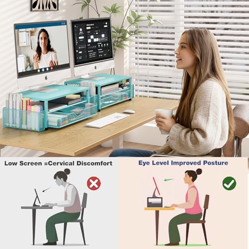 OPNICE Desk Organizer and Accessories, 2-Tier Computer Monitor Stand Riser with Drawer and 2 Pen Holders, Laptop Stand, Office Desk Accessories for Office Supplies, Teal Blue