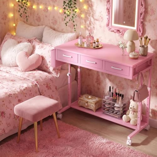 Pink Rolling Desk with Drawers, 40" Height Adjustable Girls Standing Desk
