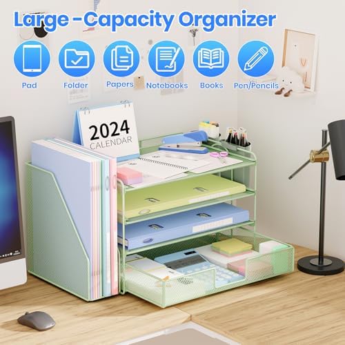 OPNICE Desk Organizer, 4-Tier Desktop File Organizer with Drawer and Pen Holders, Office Desk Accessories, File Sorters, Workspace Organizers for Office Supplies(Green)