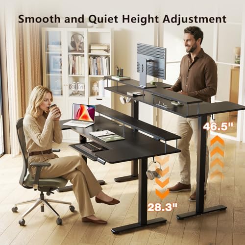 OffiGo 63 Inch U Shaped Electric Standing Desk with Keyboard Tray, Black