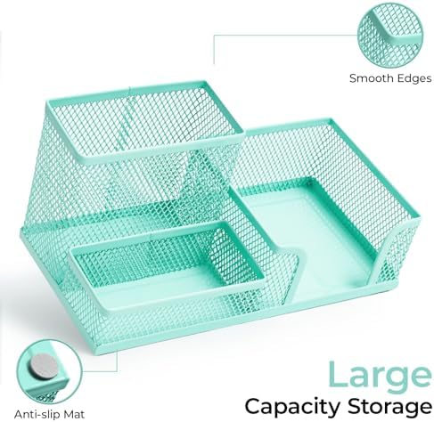 M&G Mesh Pen Holder Desk Organizers Pencil Holder for Desk Light Blue, 3 Compartments Metal Office Supply Organizer with Sticky Notes Holder for Home Office