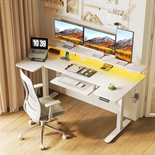 OffiGo 63 Inch U Shaped Electric Standing Desk with Keyboard Tray, White