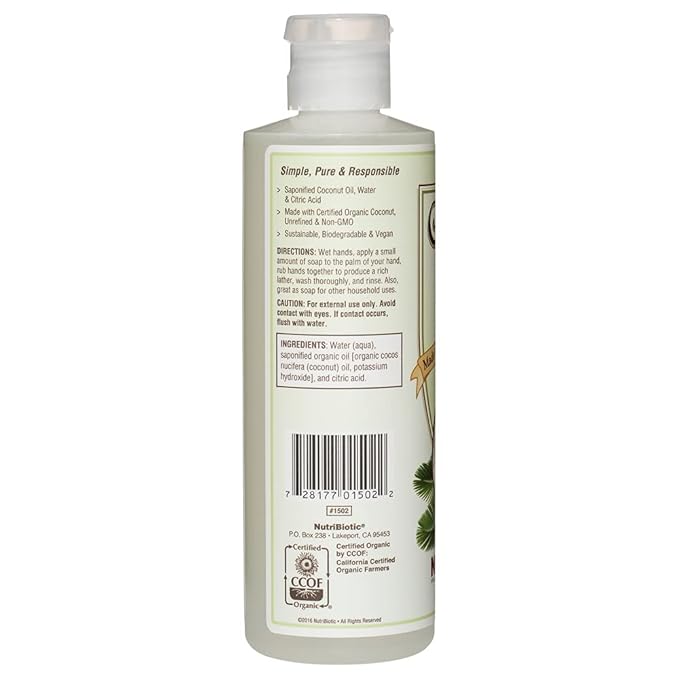 NutriBiotic – Pure Coconut Oil Soap, Unscented 8 Oz | Certified Organic, Unrefined, Biodegradable | Vegan & Made without GMOs, Gluten, Parabens or Sulfates | Rich, Cleansing Lather