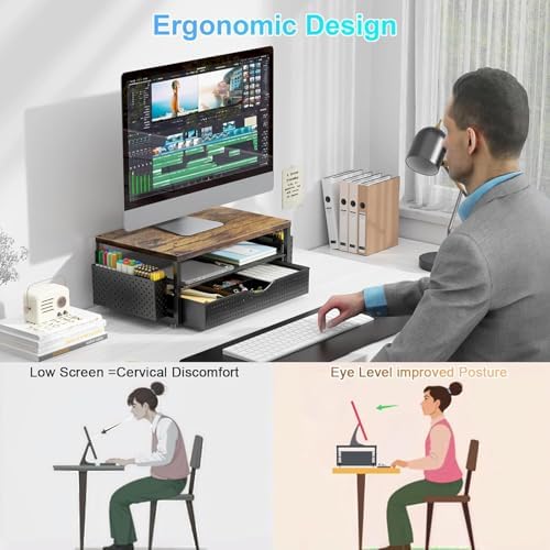 gianotter Desk Organizers and Accessories, Monitor Stand with Drawer and 2 Pen Holder, Desktop Organizer Suitable for Offices and Dormitories (Wood)