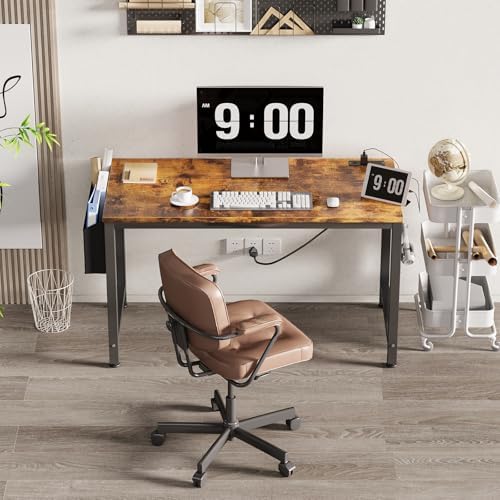 Lufeiya Computer Desk with Power Outlet, 47 inch Teen Study Table Home Office Work Writing Gaming Desks with Charging Station Outlets Built in, Brown