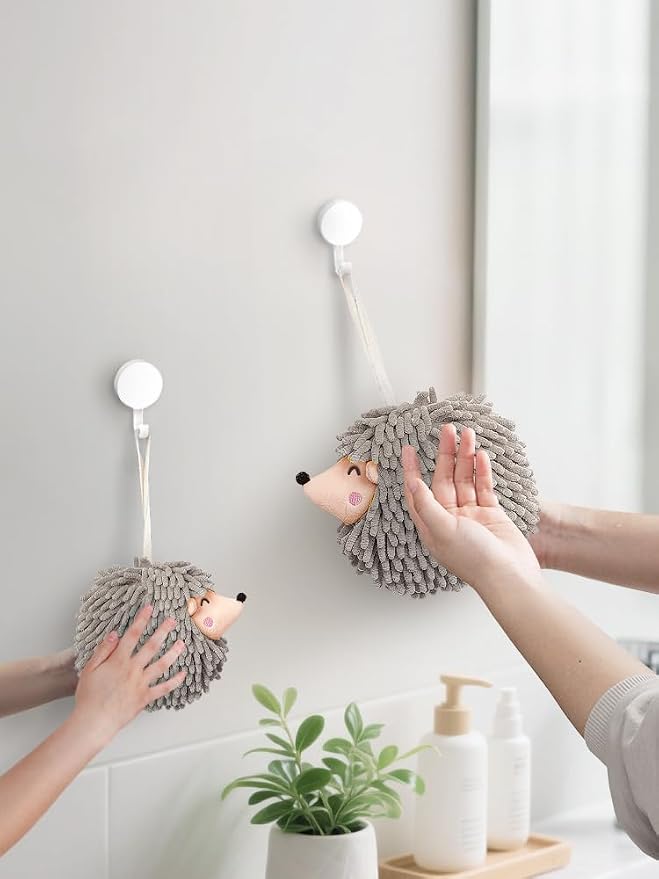 Sophie & Panda Fuzzy Ball Hand Towels - Smiley Hedgehog Hand Towels Family Set – Dry Your Hands Instantly and Conveniently with These Decorative Towels for Bathroom (2-Pack Gray)