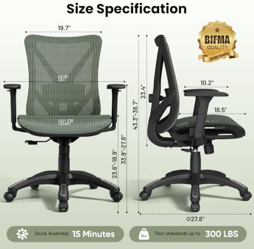 Ergonomic Office Chair, Mesh Computer Desk Chairs with BIFMA X5.1 Certified, Adjustable Lumbar Support, 3D Arm, Tilt Back, Wide Seat, Comfy Swivel Work Task Chair for Company and Home (Forest Green)
