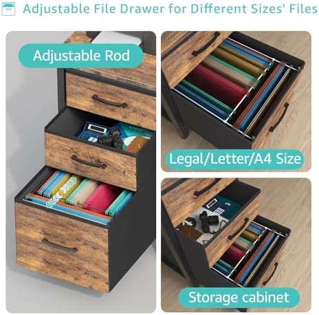 Lufeiya Computer Desk with File Drawers Cabinet, 47 Inch Reversible Home Office Desks with Fabric Filing Cabinet for Small Space, Study Writing Table PC Desks, Rustic Brown