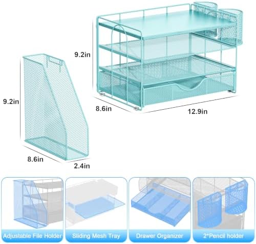 gianotter Wood Desk Organizers and Accessories with File Holder, 4-Tier Desk Accessories & Workspace Organizers with Drawer and 2 Pen Holder, Desk Reference Organizer (Blue, 4T with Metal Drawer)