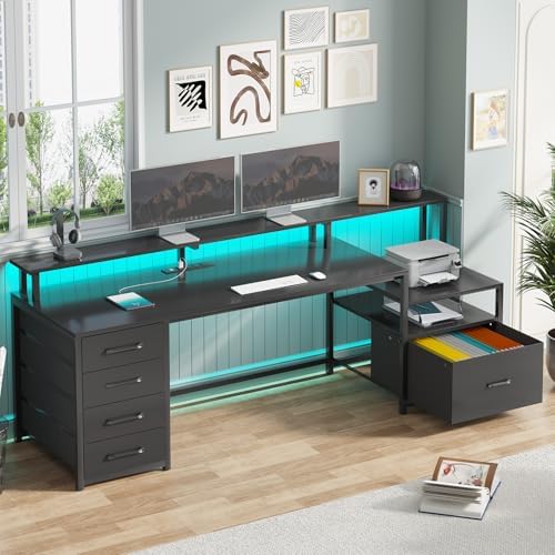 SEDETA Computer Desk with 5 Drawer, Power Outlet, Led Lights, Black