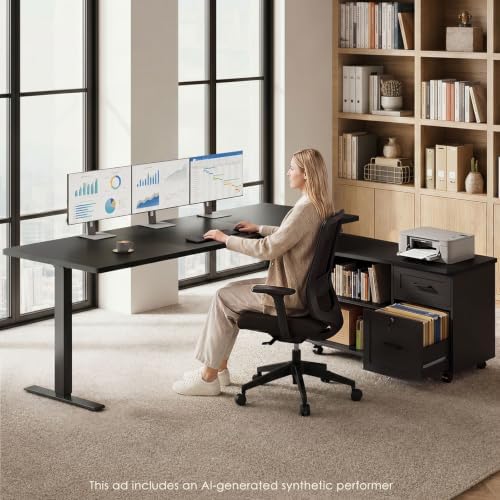 OffiGo 63 Inch L Shaped Electric Standing Desk with Cabinet Sets, Black