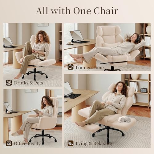 Office Chair with Flip Armrests,Big and Tall Office Chair with Foot Rest,Extra Wide Seat & Lumbar Pillow,Ergonomic Computer Gaming Chair,Comfy Criss Cross Chair for Pets Sitting,Teddy Fleece,Beige