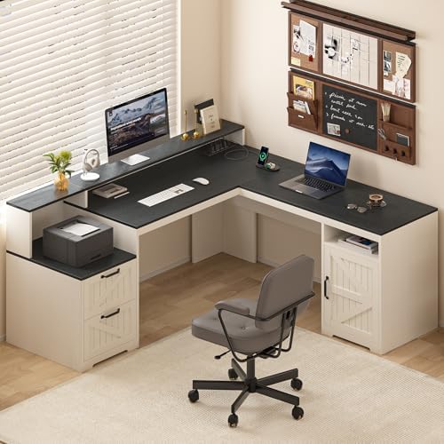 63" Farmhouse L Shaped Desk with Drawers & Printer Shelf for Home Office