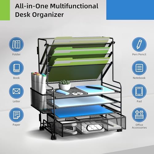 MINDEPOT 4-Tier Paper Organizer + 3-Pocket File Holder + Drawer + Pen Holders, Desktop File Organizers Paper Tray for Office Accessories School Classroom Organization (Black)