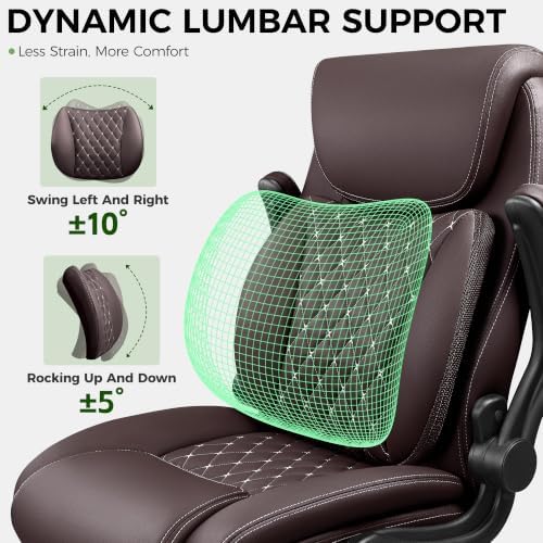 Office Chair, Ergonomic Executive Desk Chair with Lumbar Support for Lower Back Pain Relief, Padded Flip-Up Armrests, Leather Home Office Chair, Coffee