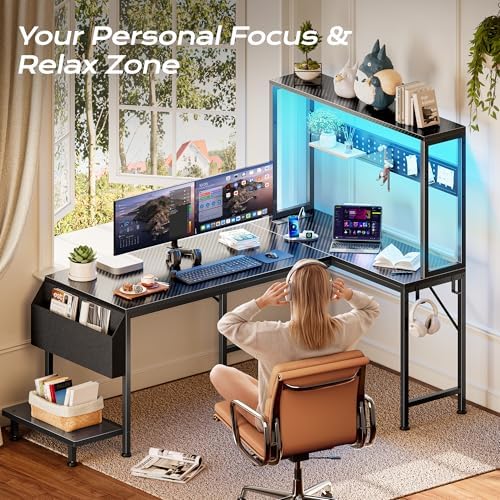 PRAISUN L Shaped Gaming Desk with LED Lights & Power Outlets