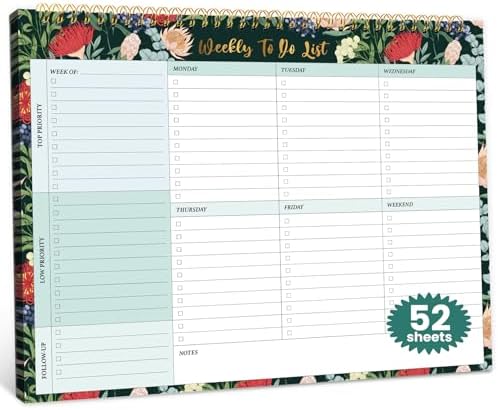 Weekly To Do List Notepad with 52 Undated Sheets（8.5"×11"）- Undated Weekly Planner Notepad for Office Desk Accessories and Supplies - Sage Blossom