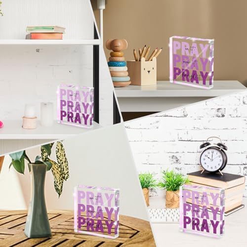 Purple Christian Gifts for Women -Religious Plaques Christian Woman Decor Gift, Modern Home Office Room Bathroom Bedroom Tabletop Shelf Desk Valentines Day Decor, Pray on it Pray through it, Baptism Gifts