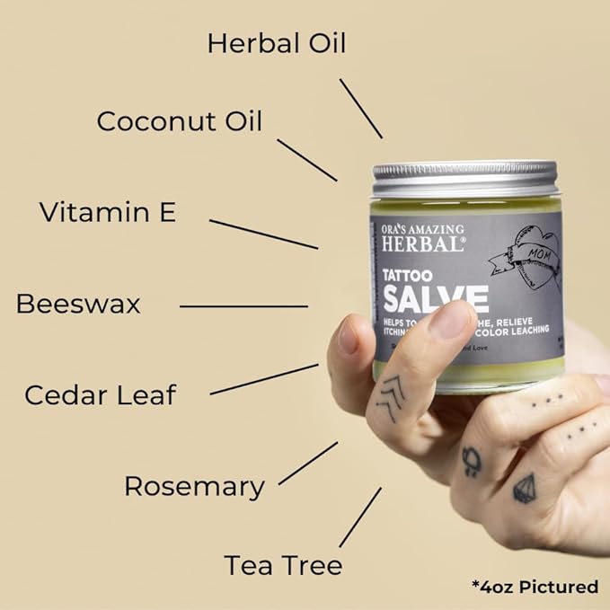 Ora's Amazing Herbal, Tattoo Salve, Tattoo Aftercare Balm| Color Enhancement for Old Ink | Itchy Relief Cream Ointment for New Tattoo| Paraben Free, Plastic Free| | Faster Healing | 1 and 4 oz set