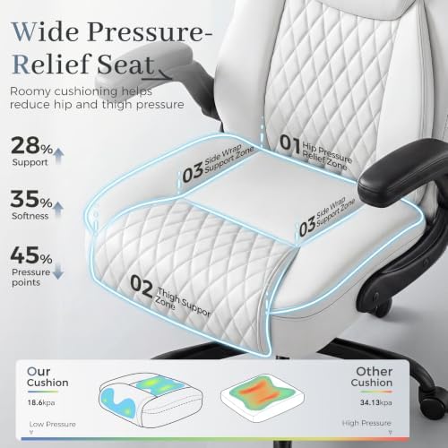 GTPOFFICE Executive Office Chair with Comfortable Lumbar Support, Ergonomic Gaming Chair with Flip-up Armrests & Zoned Pressure-Relief Cushion, Comfy PU Leather Desk Chair, White