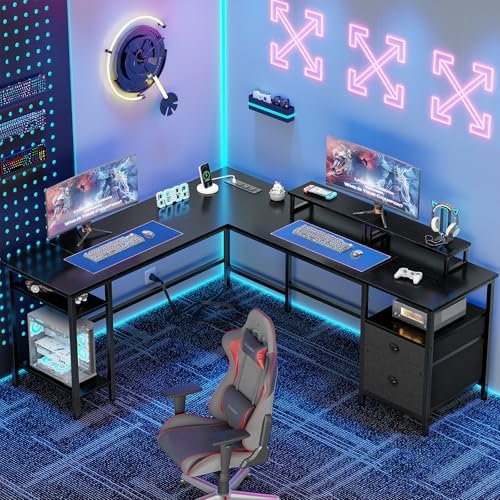 Furologee 66 Inch L Shaped Desk with 2 Drawers and Power Outlet, Black