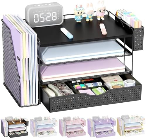 Wood Desk Organizers and Accessories with File Holder, 4-Tier Desk Accessories & Workspace Organizers with Drawer and Pen Holder, Desk Reference Organizer (Black, 4T with Drawer)