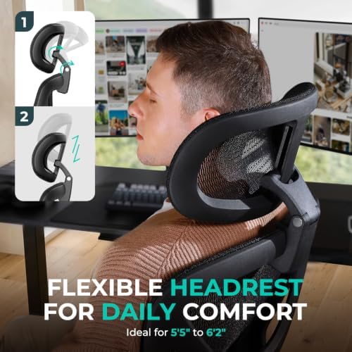CAPOT Ergonomic Mesh Office Chair, Adjustable Lumbar High Back Desk Chair 400lbs, 4D Flip-up Arms, 3-Level Tilt Backrest, 3D Headrest, PU Wheels, Swivel Rolling Computer Seating for Long Desk Work