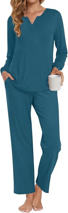 Anyally Women's Plus Size Pajama Sets Ladies Fall Pjs 2 Pieces Lounge Outfits V Neck Long Sleeves Sleepwear with Pockets