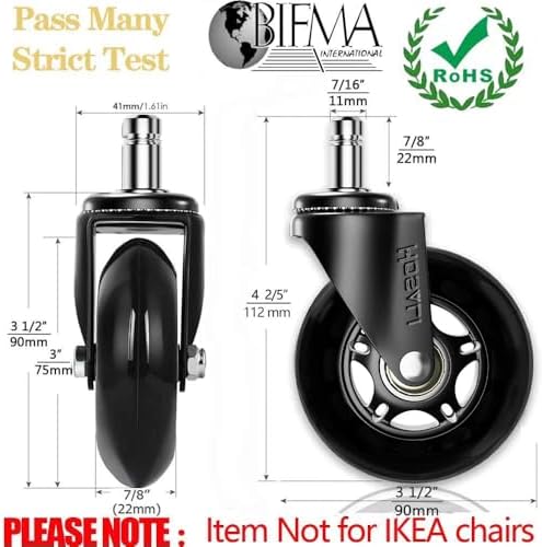 HOSALI Office Chair Wheels Replacement, Rubber Chairs Casters for Hardwood & Carpet Floors, 3 Inch Computer Desk Caster Wheel Set of 5, Black
