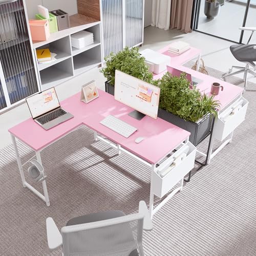 Pamray 47 Inch Reversible L Shaped Gaming Desk Corner Computer Desk with Storage Bag Home Office Table for Writing Study Pink