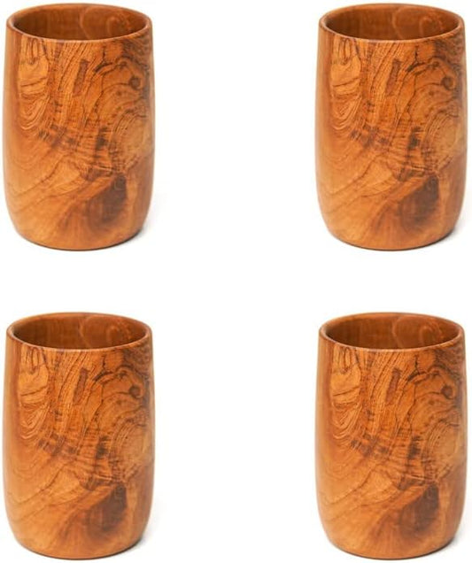 Rainforest Bowls Set of 4 Small Rounded Javanese Teak Wood Cup- 225ml (7.6 oz)- Great for Tea/Coffee/Milk, Hot & Cold Drinks- Ultra-Durable- Premium Wooden Cup Handcrafted by Indonesian Artisans