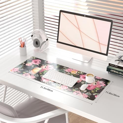 QiyI PU Leather Large Mouse Pad, Office Décor, 31.5" x 11.8", Pink Flowers