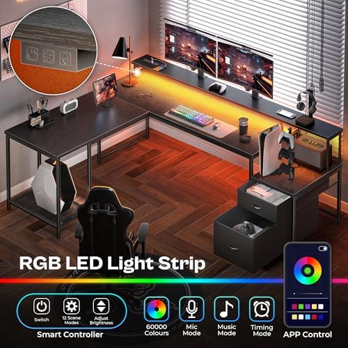 PRAISUN 66" L Shaped Gaming Desk with LED Lights & Power Outlets