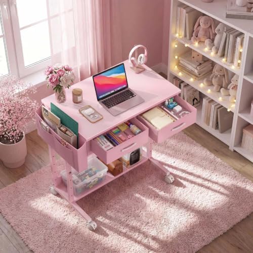 Pink Rolling Desk with Drawers, Small Height Adjustable Girls Standing Desk