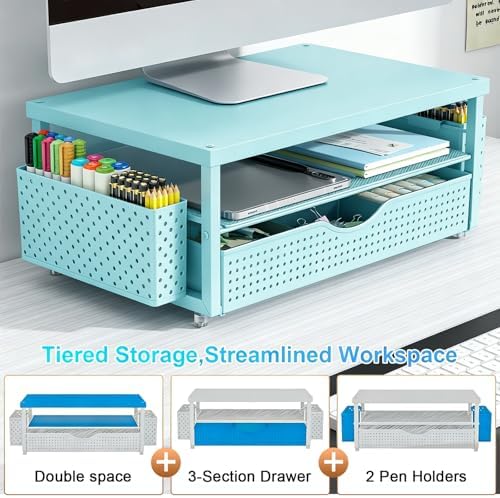 gianotter Desk Organizers and Accessories, Monitor Stand with Drawer and 2 Pen Holder, Desktop Organizer Suitable for Offices and Dormitories (Blue-Plain)
