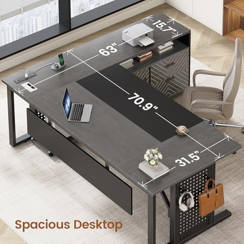 SEDETA 71" Executive Desk with Rolling File Cabinet, Large Office Desk with Drawers, L Shaped Computer Desk with Power Outlets, CPU Stand, Pegboard and Storage Shelves, Gray