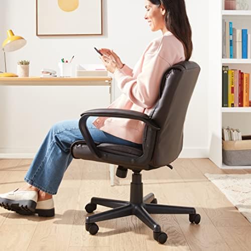 Amazon Basics Office Task Chair with Adjustable Height, 360° Swivel, Padded Armrests, Mid-Back, Rolling, 275 Pound Capacity, 24"D x 24.2"W x 34.8"H, BIFMA Certified, Dark Brown Faux Leather