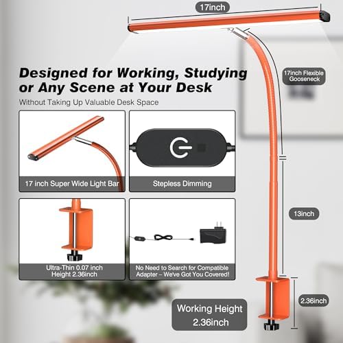 Airlonv LED Desk Lamp with Clamp, 17" Stepless Dimming Light, Orange