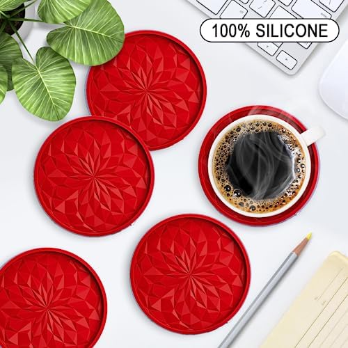 ME.FAN Silicone Coasters with Holder,[6 Pack] Drinking Coasters - Cup Mat for Hot or Cold Drinks, Thickened, Non-Slip, Non-stick,Deep Tray Red