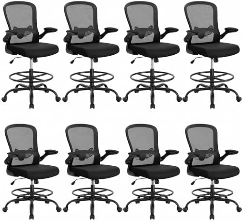 ErGear Drafting Chair, Standing Desk Chair with Flip-Up Armrests, High Desk Chair Adjustable Height, Ergonomic Tall Office Chair with Lumbar Support and Adjustable Footrest Ring,8 Pack