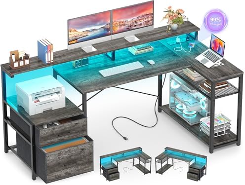 Aheaplus L Shaped Desk with File Drawer, Reversible L Shaped Gaming Desk