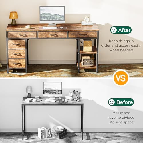 Huuger Computer Desk with 6 Drawers, Office Desk with Shelves, Reversible Gaming Desk, Corner Desk with Storage, Work for Home Office, Study, Living Room, 54inch, Rustic Brown