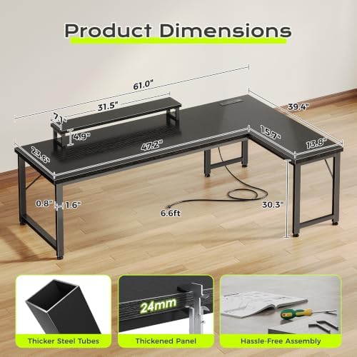 PRAISUN 61" L Shaped Computer Desk, Power Outlets, Monitor Stand, Black