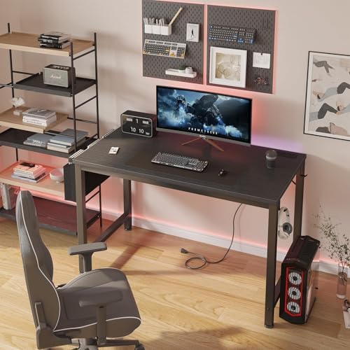 Lufeiya Gaming Desk with Power Outlet, 47 inch Teen Study Table Home Office Work Writing Computer Desks with Charging Station Outlets Built in, Black