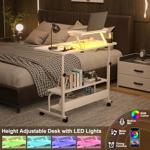 Height Adjustable Standing Desk with Power Outlets and LED Lights - 32" Manual Stand Up Desk with Monitor Stand and Storage Shelves Small Mobile Rolling Computer Desk Portable Laptop Table, White