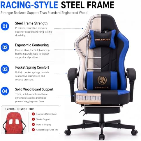 Desk Computer Gaming Chair - High Back Ergonomic Office Chair with Footrest and Lumbar Support, Swivel Comfy Home Gamer Video Game Chairs with Pocket Spring Cushion for Adults (Blue Leather)