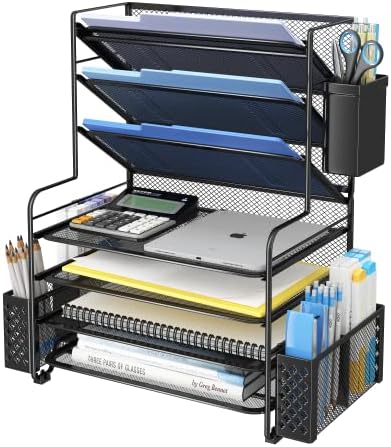 Simple Trending 7 Tier Desk File Organizer, Letter Tray Paper Organizer with Pen Holder and Metal Hanging Basket, Black