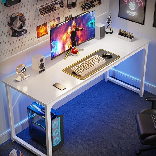 Huuger Computer Desk, 63 Inch Office Desk, Gaming Desk with Storage, Writing Desk Work Desk for Home Office, Study, Modern Simple Desk, Large Legroom, Metal Frame, White